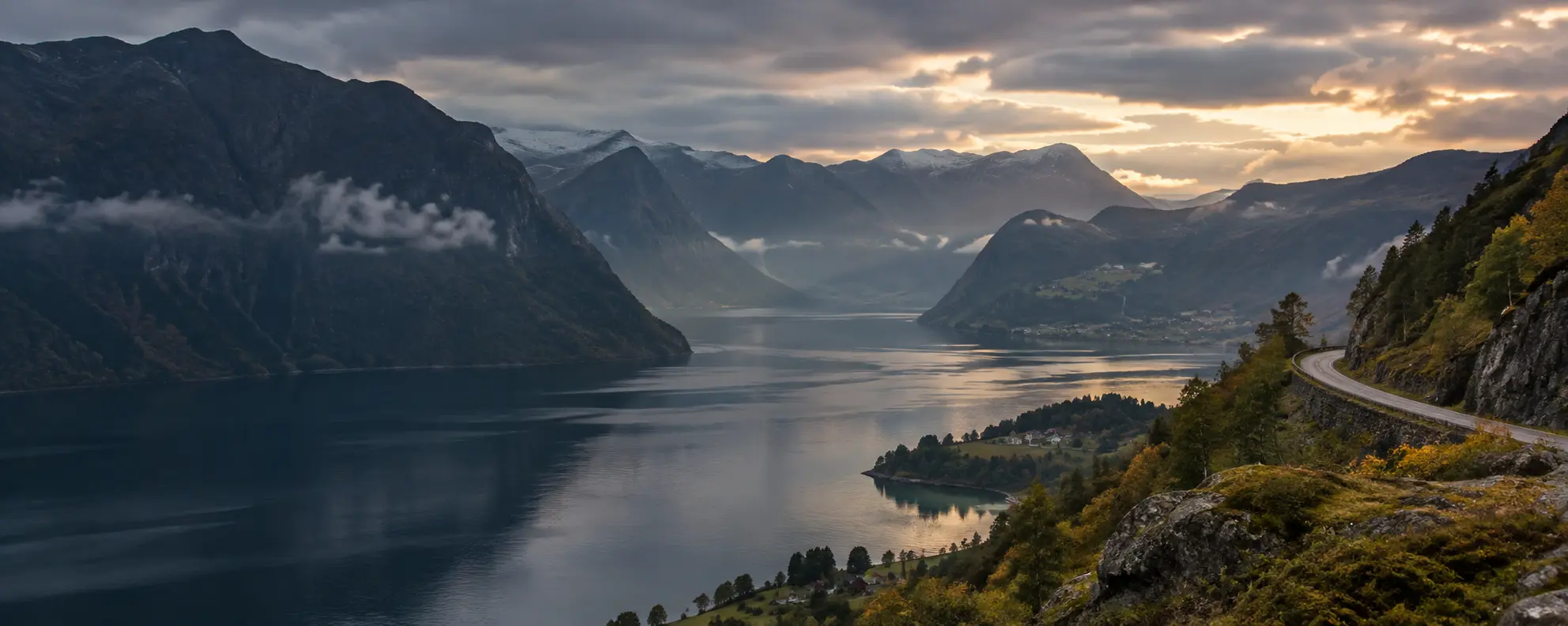 Private journeys through Norway Scenic Norwegian fjord, mountains and winding road